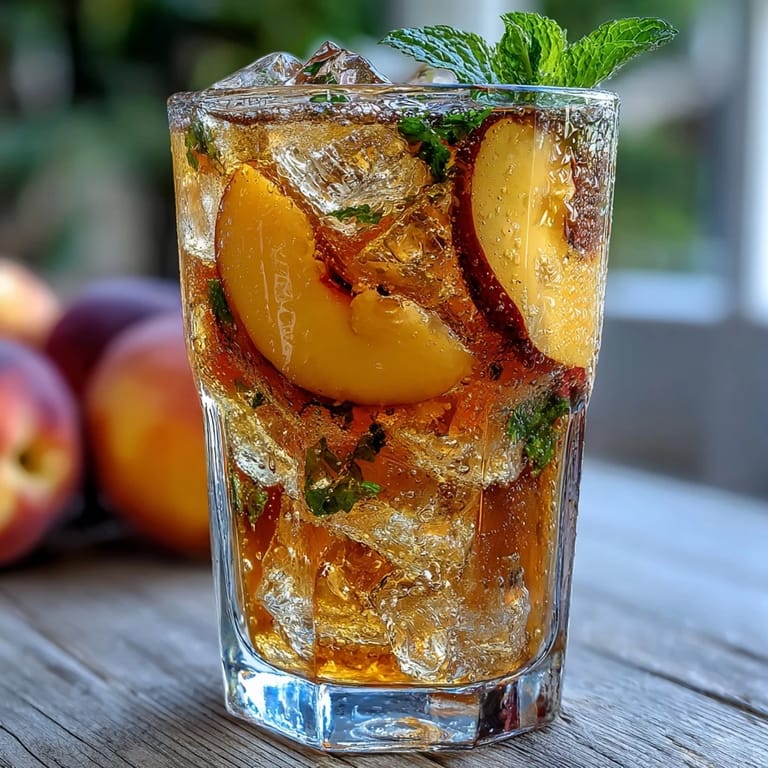 Vibrant iced peach green tea lemonade, perfect for a sunny summer afternoon.