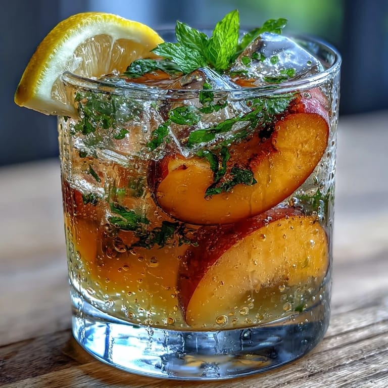 Homemade iced peach green tea lemonade, a sweet-tart citrusy, peachy delight.