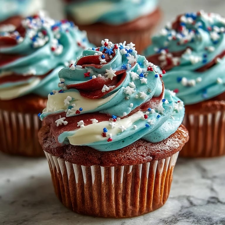 Deliciously swirled patriotic frosting adorns the Star-Spangled Banner Cupcakes, perfect for parties.