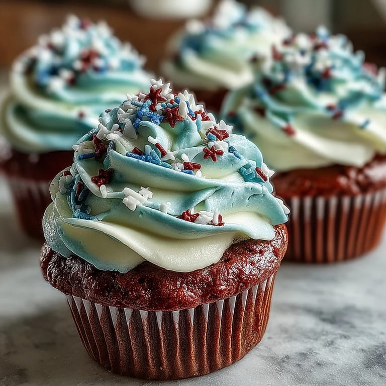 Red, white, and blue Star-Spangled Banner Cupcakes ready for a fourth of July celebration.