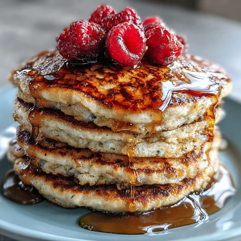 Serving High Fiber Protein Pancakes with Ground Flaxseed, warm and topped with berries.