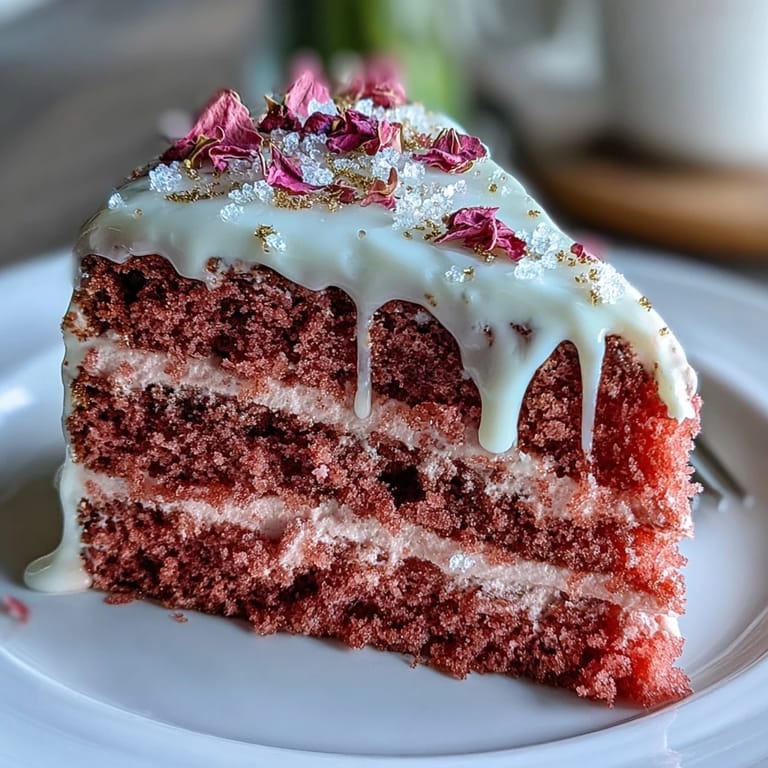 A moist Bridal Shower Rosé Velvet Cake, perfect for celebration, garnished lusciously.