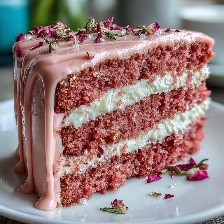 Moist, vibrant Rosé Velvet Cake adorned with stunning edible gold.
