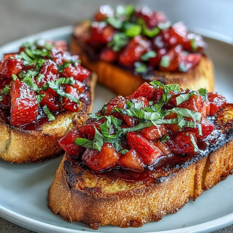 Enjoy vibrant Strawberry Balsamic Bruschetta, drizzled with tangy glaze on toasted bread.
