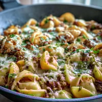 Creamy beef and shells in a single pot, with tender pasta shells coated in a rich tomato cream sauce and topped with melted cheddar.