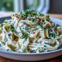 Tender cauliflower florets, garlic, and onion blended into a velvety sauce tossed with al dente fettuccine, garnished with fresh parsley and grated Parmesan for a light, creamy finish.