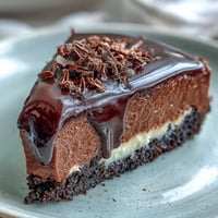 A slice of Lighter Chocolate Cottage Cheese Cheesecake on a white plate with dark chocolate shavings on top.  