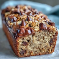 A freshly baked Chocolate Chip Peanut Butter Oatmeal Banana Bread loaf, sliced to reveal moist crumb studded with melty chocolate chips and oats.