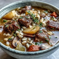 A bowl of homemade Beef and Barley Soup, featuring tender beef chunks, diced carrots, and pearl barley in a rich, clear broth.