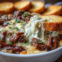 Golden-baked Philly Cheesesteak Dip with melted provolone, served warm on toasted crostini for game day.