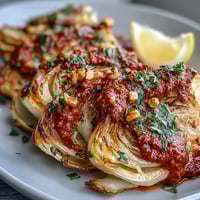 Roasted Baked Cabbage Salad With Winter Romesco served warm on a platter, featuring charred cabbage wedges with a bold, nutty red sauce and fresh parsley garnish.