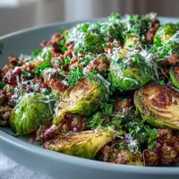 Golden-brown Brussels sprouts and savory ground turkey cook together in a sizzling skillet, ready to serve.
