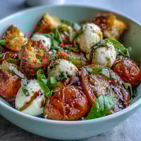 Fresh Caprese Salad Bowl with juicy heirloom tomatoes, creamy mozzarella balls, and fragrant basil on toasted ciabatta bread.
