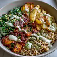 A colorful winter grain bowl with roasted root vegetables, sautéed greens, and a creamy tahini dressing.