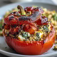 Colorful bell peppers stuffed with quinoa, fresh herbs, and vegetables, baked until tender for a healthy vegetarian meal.