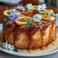 Lemon drizzle cake with edible flowers on a white plate, glossy glaze dripping down the sides.