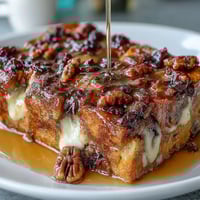 Warm, gooey capirotada layered with cinnamon-spiced piloncillo syrup, raisins, and cheese, baked until golden and bubbling.