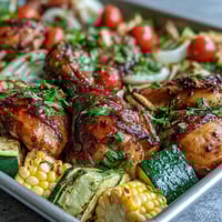 Sheet Pan Chicken with Zucchini and Corn - golden roasted chicken breasts surrounded by colorful summer vegetables on a sheet pan.