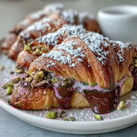 Golden Dubai Chocolate Pistachio Croissant French Toast dripping with melted chocolate.