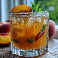 Refreshing Iced Peach Green Tea Lemonade copycat, brightly colored with peach slices.