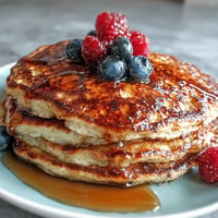 Fluffy High Fiber Protein Pancakes with Ground Flaxseed, golden brown and stacked high.